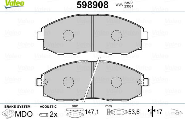 Valeo 598908 - Kit pastiglie freno, Freno a disco autozon.pro