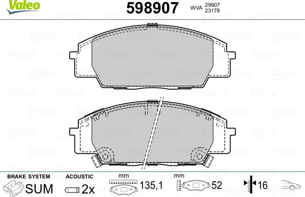 Valeo 598907 - Kit pastiglie freno, Freno a disco autozon.pro