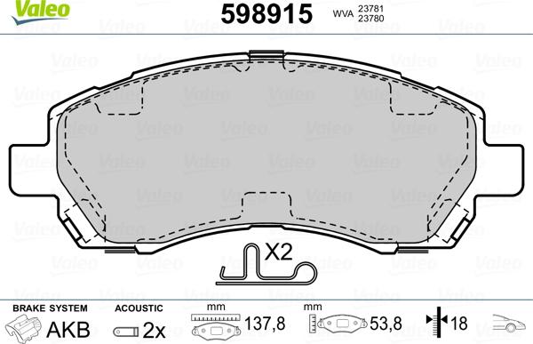 Valeo 598915 - Kit pastiglie freno, Freno a disco autozon.pro