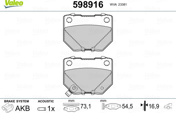 Valeo 598916 - Kit pastiglie freno, Freno a disco autozon.pro