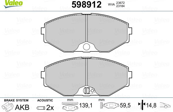 Valeo 598912 - Kit pastiglie freno, Freno a disco autozon.pro