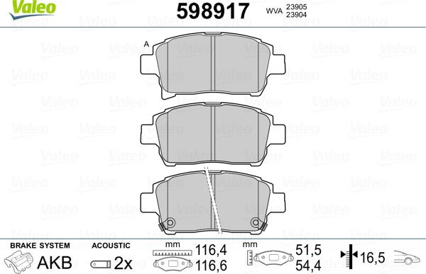 Valeo 598917 - Kit pastiglie freno, Freno a disco autozon.pro