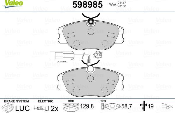 Valeo 598985 - Kit pastiglie freno, Freno a disco autozon.pro