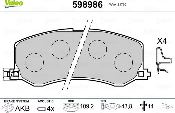 Valeo 598986 - Kit pastiglie freno, Freno a disco autozon.pro