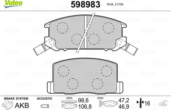 Valeo 598983 - Kit pastiglie freno, Freno a disco autozon.pro