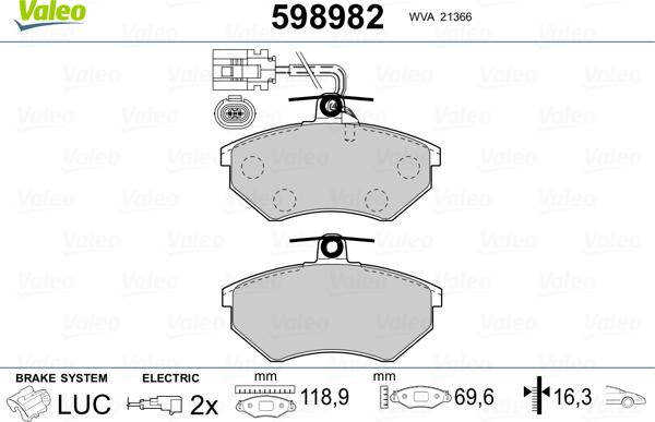 Valeo 598982 - Kit pastiglie freno, Freno a disco autozon.pro