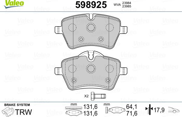 Valeo 598925 - Kit pastiglie freno, Freno a disco autozon.pro