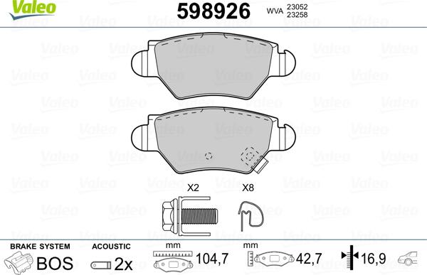 Valeo 598926 - Kit pastiglie freno, Freno a disco autozon.pro