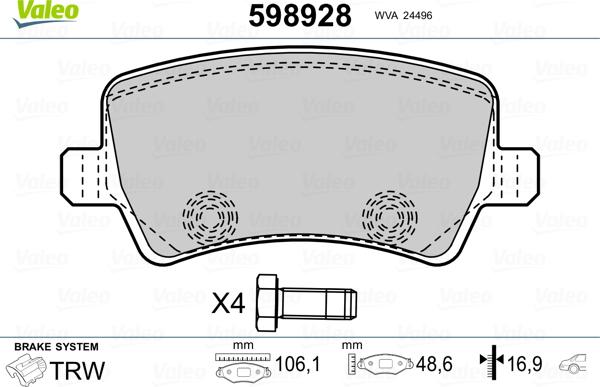 Valeo 598928 - Kit pastiglie freno, Freno a disco autozon.pro