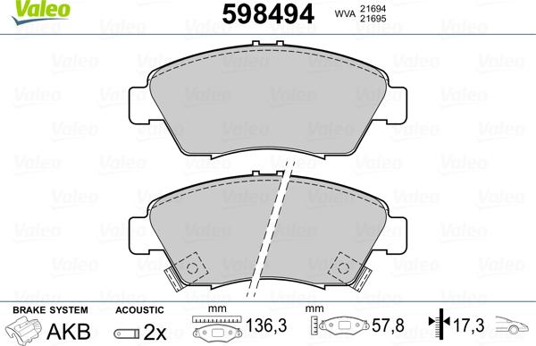 Valeo 598494 - Kit pastiglie freno, Freno a disco autozon.pro