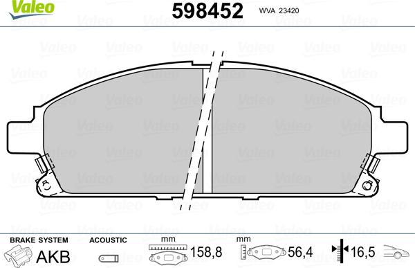 Valeo 598452 - Kit pastiglie freno, Freno a disco autozon.pro