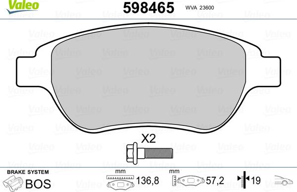 Valeo 598465 - Kit pastiglie freno, Freno a disco autozon.pro