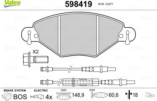 Valeo 598419 - Kit pastiglie freno, Freno a disco autozon.pro