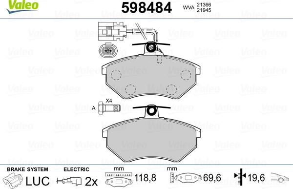 Valeo 598484 - Kit pastiglie freno, Freno a disco autozon.pro