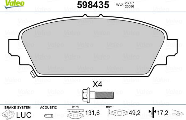 Valeo 598435 - Kit pastiglie freno, Freno a disco autozon.pro