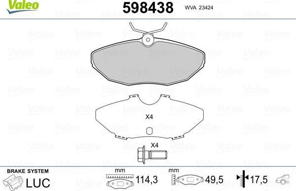 Valeo 598438 - Kit pastiglie freno, Freno a disco autozon.pro