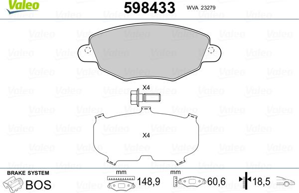 Valeo 598433 - Kit pastiglie freno, Freno a disco autozon.pro