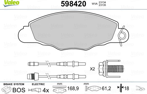 Valeo 598420 - Kit pastiglie freno, Freno a disco autozon.pro