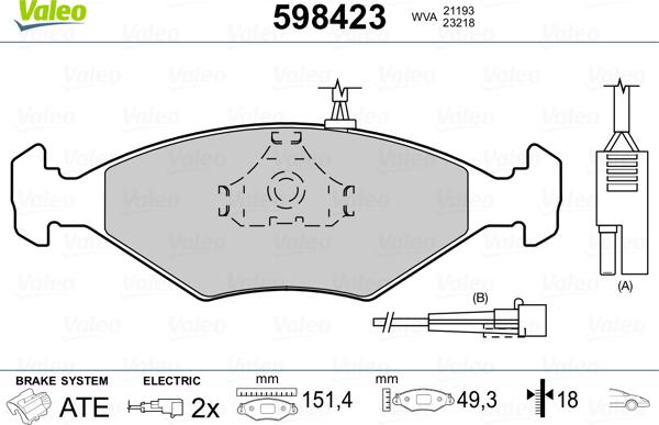 Valeo 598423 - Kit pastiglie freno, Freno a disco autozon.pro