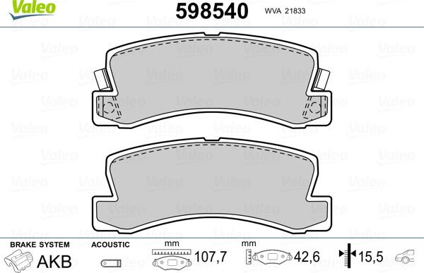 Valeo 598540 - Kit pastiglie freno, Freno a disco autozon.pro