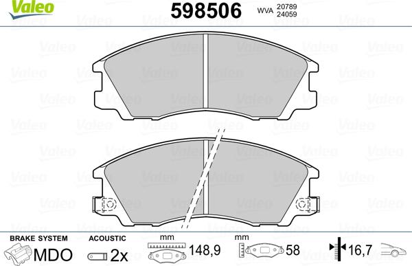 Valeo 598506 - Kit pastiglie freno, Freno a disco autozon.pro