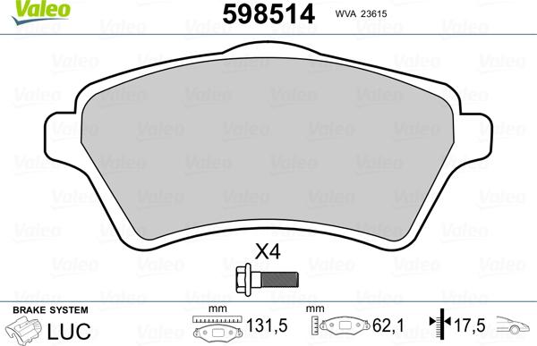 Valeo 598514 - Kit pastiglie freno, Freno a disco autozon.pro