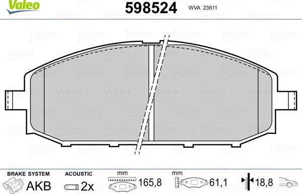 Valeo 598524 - Kit pastiglie freno, Freno a disco autozon.pro