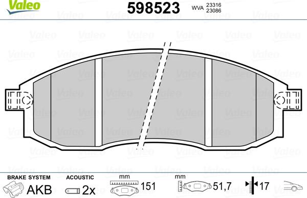 Valeo 598523 - Kit pastiglie freno, Freno a disco autozon.pro