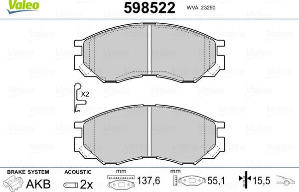 Valeo 598522 - Kit pastiglie freno, Freno a disco autozon.pro