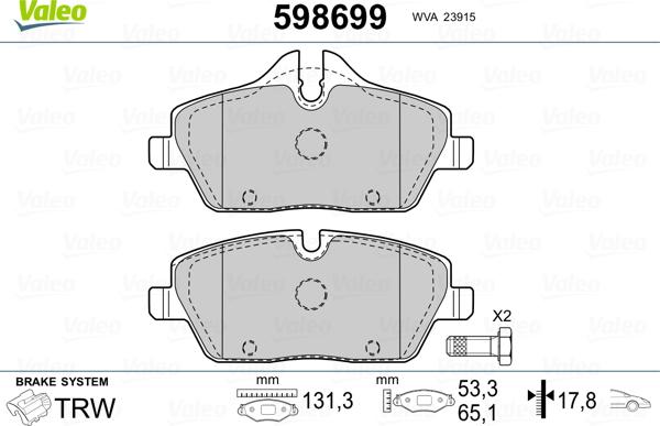 Valeo 598699 - Kit pastiglie freno, Freno a disco autozon.pro