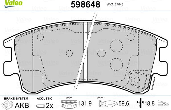 Valeo 598648 - Kit pastiglie freno, Freno a disco autozon.pro