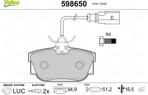 Valeo 598650 - Kit pastiglie freno, Freno a disco autozon.pro