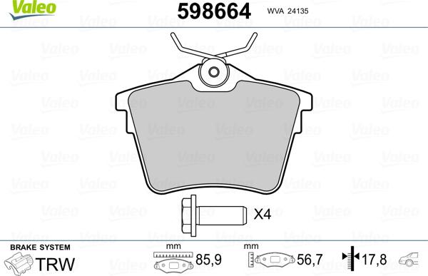 Valeo 598664 - Kit pastiglie freno, Freno a disco autozon.pro