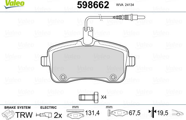 Valeo 598662 - Kit pastiglie freno, Freno a disco autozon.pro