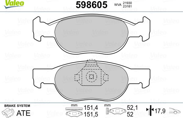 Valeo 598605 - Kit pastiglie freno, Freno a disco autozon.pro