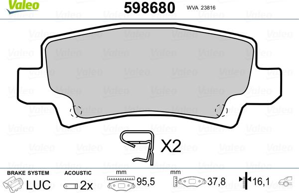 Valeo 598680 - Kit pastiglie freno, Freno a disco autozon.pro