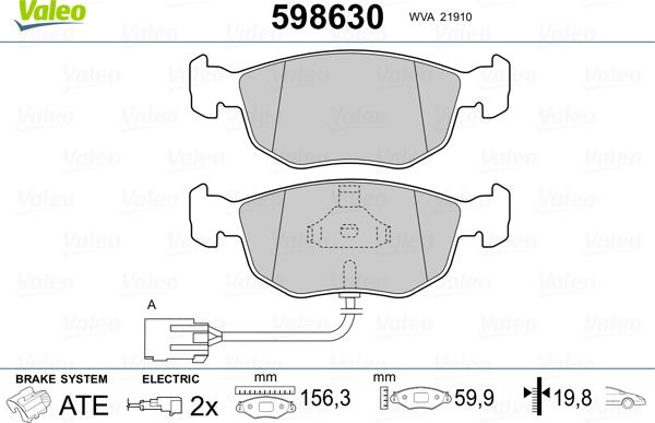 Valeo 598630 - Kit pastiglie freno, Freno a disco autozon.pro