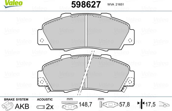 Valeo 598627 - Kit pastiglie freno, Freno a disco autozon.pro