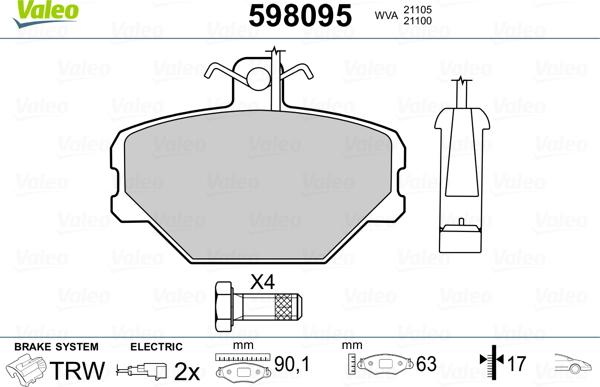 Valeo 598095 - Kit pastiglie freno, Freno a disco autozon.pro