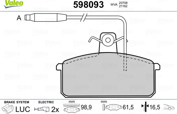 Valeo 598093 - Kit pastiglie freno, Freno a disco autozon.pro