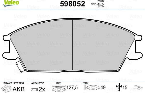 Valeo 598052 - Kit pastiglie freno, Freno a disco autozon.pro