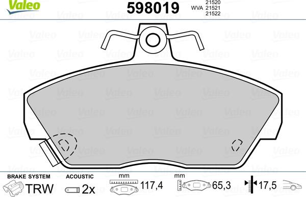 Valeo 598019 - Kit pastiglie freno, Freno a disco autozon.pro