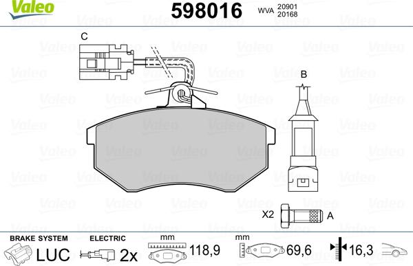 Valeo 598016 - Kit pastiglie freno, Freno a disco autozon.pro