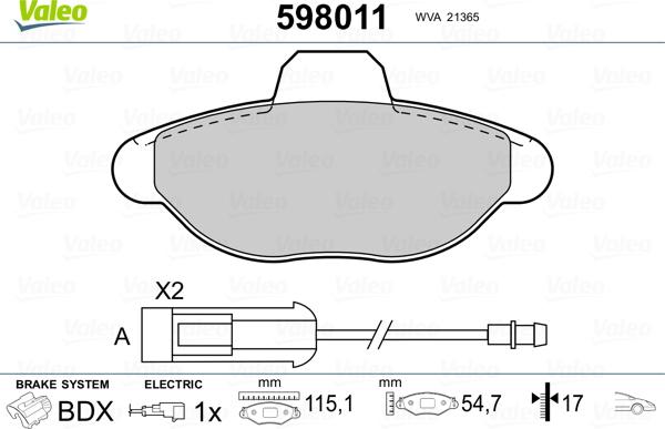 Valeo 598011 - Kit pastiglie freno, Freno a disco autozon.pro