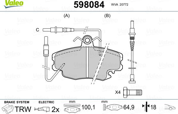 Valeo 598084 - Kit pastiglie freno, Freno a disco autozon.pro