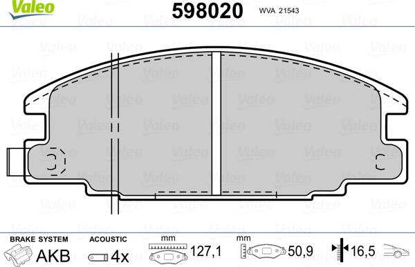 Valeo 598020 - Kit pastiglie freno, Freno a disco autozon.pro