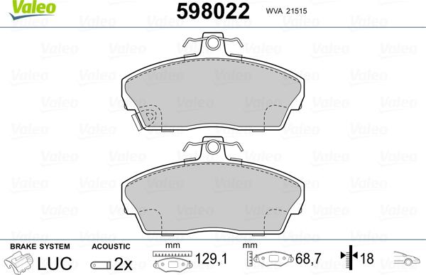 Valeo 598022 - Kit pastiglie freno, Freno a disco autozon.pro