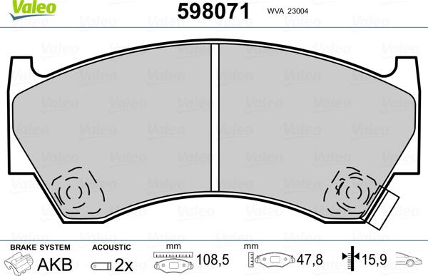 Valeo 598071 - Kit pastiglie freno, Freno a disco autozon.pro