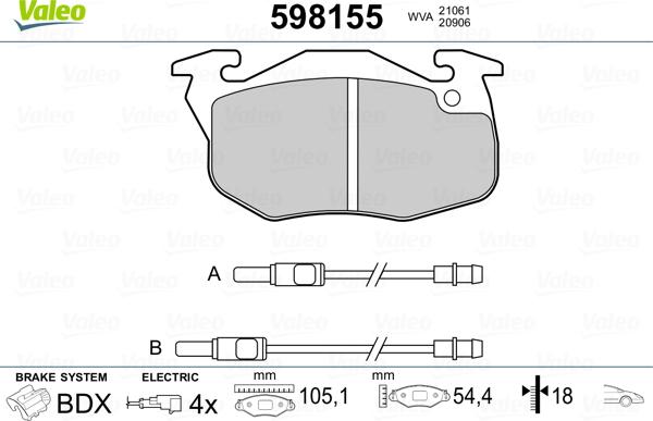 Valeo 598155 - Kit pastiglie freno, Freno a disco autozon.pro