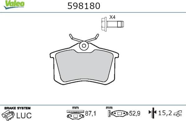 Valeo 598180 - Kit pastiglie freno, Freno a disco autozon.pro